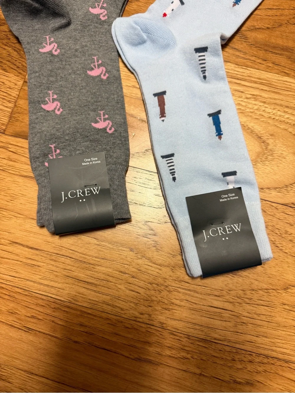 J. Crew Men's Light Blue Lighthouse & Charcoal Flamingo Crew Socks